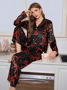 SHEIN 可爱蝴蝶结装饰女士睡衣套装 - 彩色 - 查看 5
