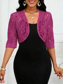 SHEIN Lady Áo khoác nữ tay lửng 3/4 ren hoa, dáng ngắn, nhẹ, thích hợp mặc công sở mùa thu/đông. - Màu Hồng Tươi - Xem 1