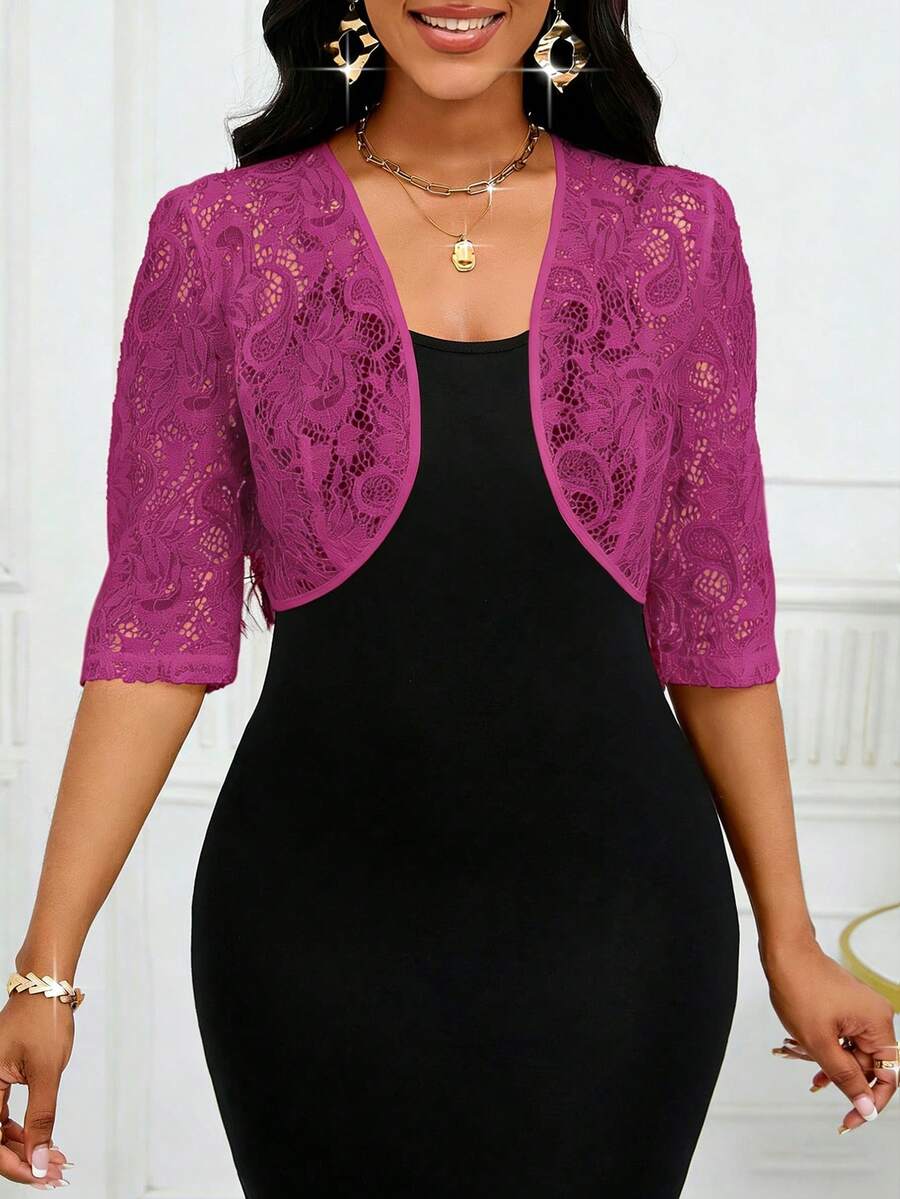 SHEIN Lady Áo khoác nữ tay lửng 3/4 ren hoa, dáng ngắn, nhẹ, thích hợp mặc công sở mùa thu/đông. - Màu Hồng Tươi - Xem 1