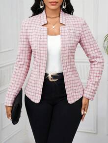 SHEIN Lady Áo blazer nữ dài tay kẻ caro, kiểu dáng thanh lịch, không cài cúc phía trước. - Hồng - Xem 5