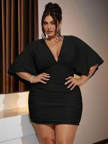 SHEIN BAE Plus Size Women V-Neck Mini Green Christmas Dress - Black - View 1