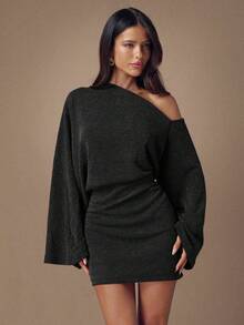 SHEIN BAE 女士14色纯色不对称肩部长袖迷你连衣裙 - 黑色 - 查看 6