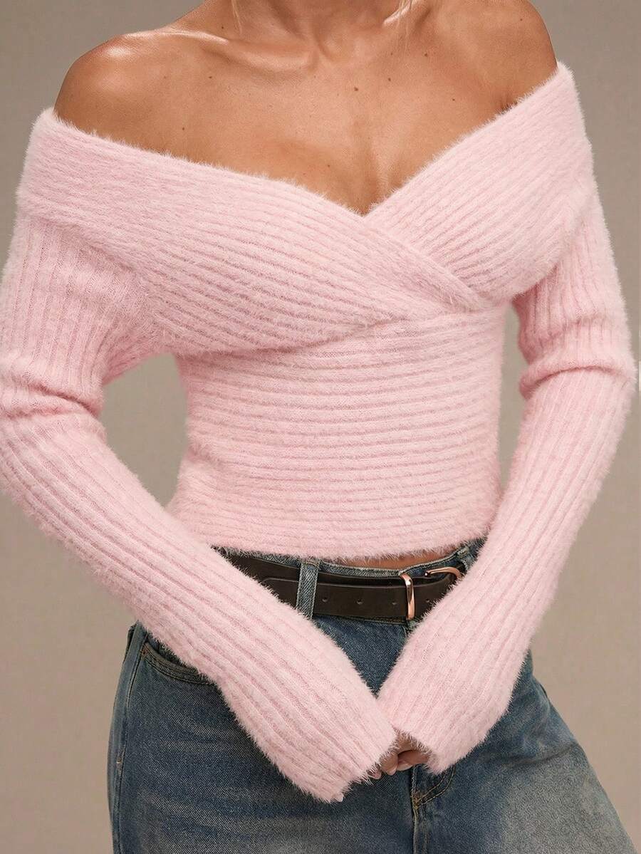 SHEIN BAE 女士纯色露肩时尚百搭通勤长袖毛衣 - 粉色 - 查看 1