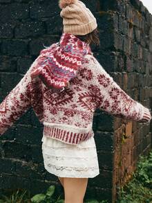 Bohemela 波西米亚风秋冬外套，女士复古红白提花费尔岛针织高领毛衣，西部乡村风格，适合度假、日常穿着、返校季、万圣节、圣诞节、新年、情人节等场合，冬季女装 - 酒紅色 - 查看 3