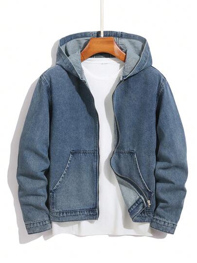 Manfinity Homme Chaqueta vaquera con capucha de manga larga y unicolor para hombre