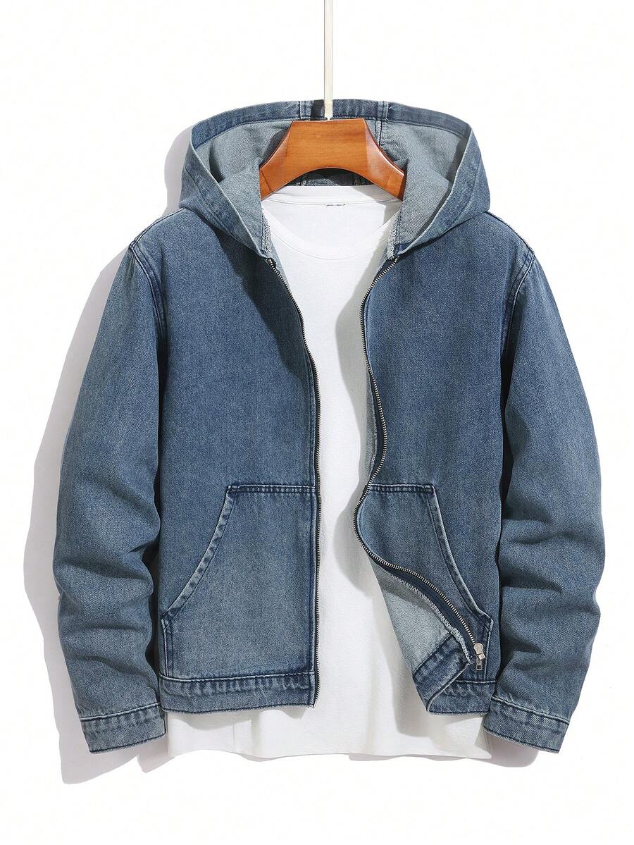 Manfinity Homme 男士纯色休闲连帽长袖牛仔外套 - 淺色水洗藍 - 查看 1