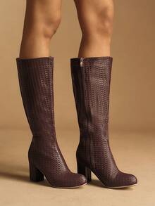 Rosivie Women's Fashion Versatile Commute Chunky High Heel Knee-High Boots Valentine's Day - Brown - View 4