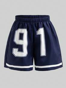 少女黑色条纹复古字母印花宽松外套、黄色修身吊带背心和黄色短裤 - 藍色 - 查看 5