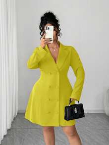 Elenzga Plus Size Solid Color Double-Breasted Bow Decor Backless Dress - Yellow - View 5