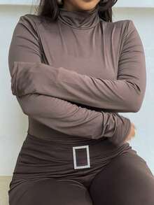 NegzBox Simple Solid Color Slim High Collar White Top Suitable For Autumn And Winter - Chocolate Brown - View 3