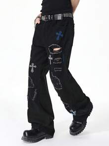 ROMWE MEN Jeans acampanados con bolsillo con gráfico de cruz de rhinestone y desgastados para hombres - Negro - Ver 5