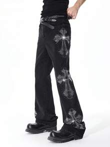ROMWE MEN Men's Casual Washed Cross Rhinestone Embellished Jeans - Black - View 5