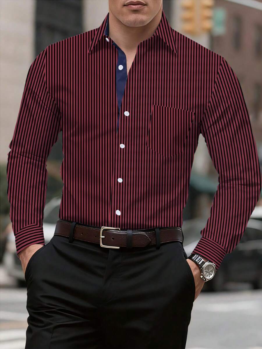 Manfinity Mode Men's Casual Striped Print Button-Down Long Sleeve Shirt - Red and Black - View 1