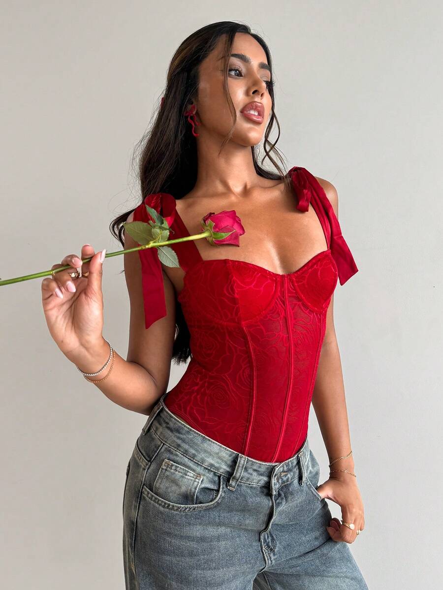 Aloruh 女士性感情人节纯红色蝴蝶结蕾丝连体衣 - 紅色 - 查看 1