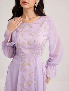 Modelyn 女士网纱刺绣拼接雪纺长袖喇叭连衣裙 - 淡紫色 - 查看 4