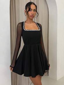 Glamine Women's Elegant Commuter Mesh Patchwork Crystal Embellished Dress - Black - View 1