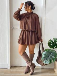 Lounesse 大码女士收腰棕色长袖连衣裙，时尚休闲连衣裙，适合日常穿着、音乐节、派对等场合，百搭棕色连衣裙，2026新款雪纺面料休闲日常连衣裙 - 棕色 - 查看 4