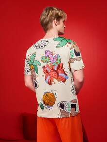 Notgurli 1pc Men's Short Sleeve T-Shirt,Casual Slim Fit Tee With Cartoon Pattern Design,Beige,Summer,Casual,Tropical,Vacation Street Style,Great Gift - Multicolor - View 2