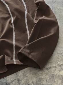 AXEPEAK 男士休闲百搭长袖T恤，撞色缝线设计 - 棕色 - 查看 4