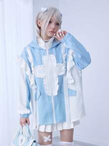 ROMWE Kawaii Subculture Cross Contrast Color Cat Frill Hooded Loose Women Long Sleeve Jacket - Multicolor - View 4