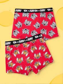 TOM & JERRY X SHEIN 男士舒适柔软卡通图案字母条纹平角内裤 - 紅色 - 查看 2