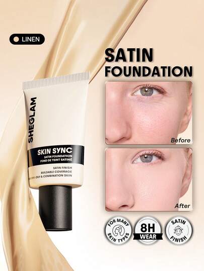 SHEGLAM Skin Sync Satin كريم أساس-Linen علامة تجارية جمال مكياج ميكب مستحضرات تجميل للنساء الفتيات مثالي لفصل الشتاء الربيع مثالي ل- Y2K أزياء أنيقة رمضان هدية حفلة جاهز أفضل لون