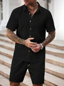 Manfinity Homme Conjunto de camisas casuales minimalistas para hombre - Negro - Ver 4