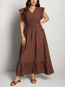 Comfylo Vestido vintage de lunares de talla grande marrón, vestido de San Valentín, cumpleaños, atuendos de San Valentín para mujeres, fiesta, cumpleaños, salida, vestidos elegantes para mujeres, vacaciones, marrón, casual, elegante - Marrón - Ver 5