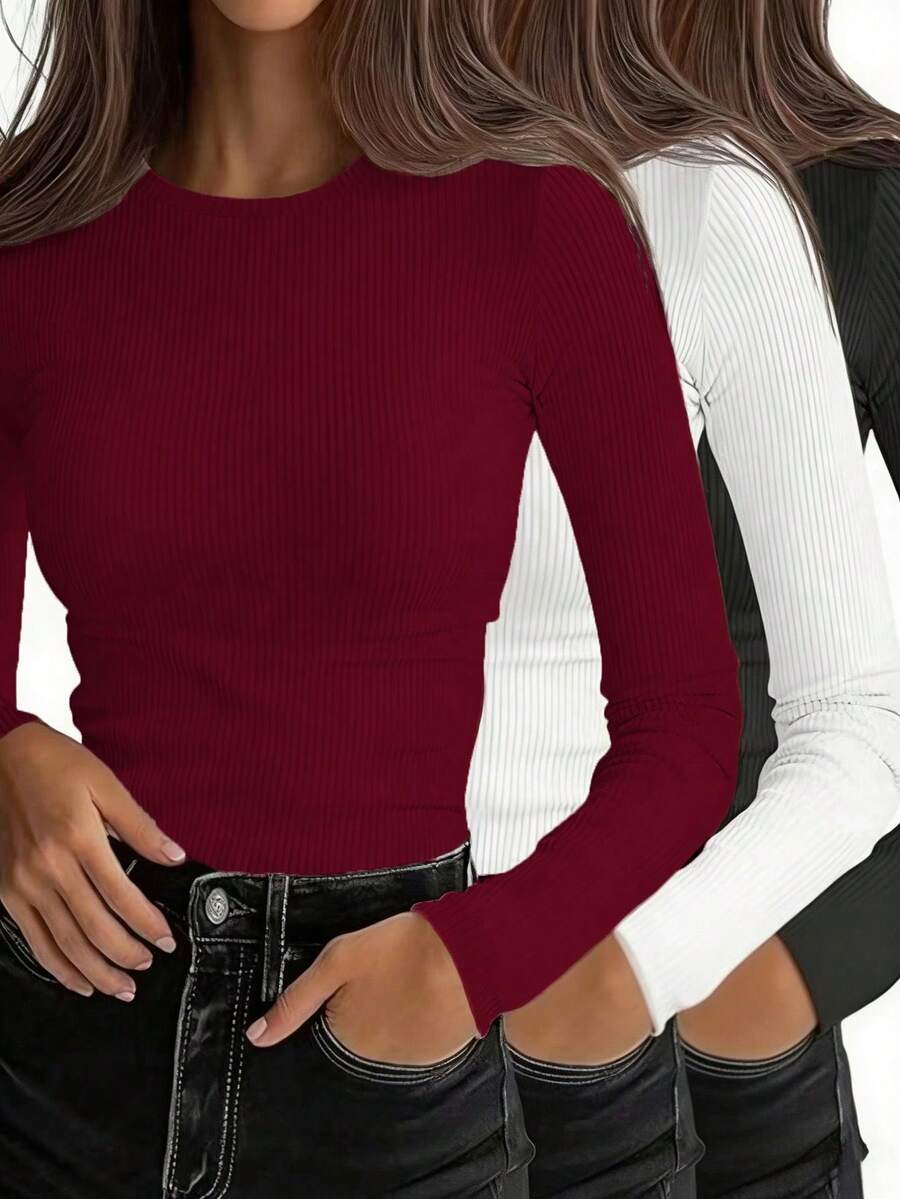 EMERY ROSE 3pcs Women Solid Color Fitted Crew Neck Long Sleeve T-Shirt Set - Multicolor - View 1