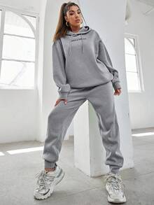 EURMUSE Cotton Slogan Graphic Drop Shoulder Drawstring Hoodie & Sweatpants - Light Grey - View 6