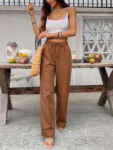 SHEIN Holidaya 女士纯色弹力腰抽绳口袋宽松直筒牛仔裤 - 咖啡棕 - 查看 4