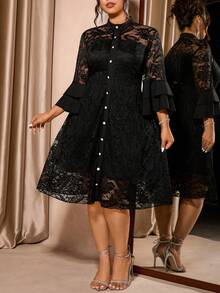 Cravure 大码女式立领蕾丝拼接单排扣休闲约会派对长袖连衣裙 - 黑色 - 查看 3