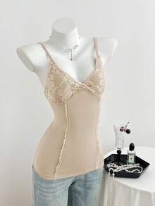 SHEIN Unity 女士蕾丝拼接针织高弹罗纹吊带背心 - 杏色 - 查看 5