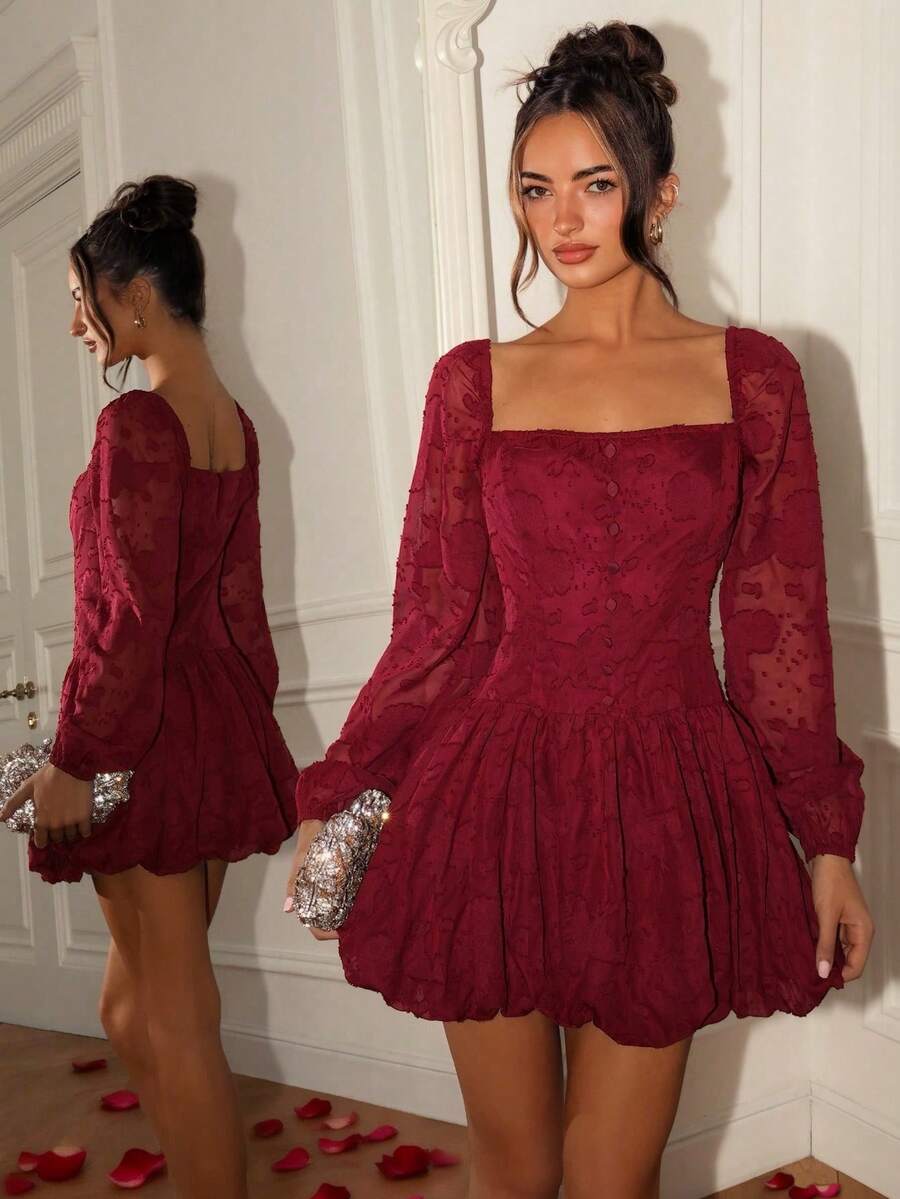 Glamine Elegant Sexy Women's Dress With Cutout Puff Sleeves And Square Neckline - Burgundy - View 1