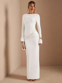 SHEIN BAE Apricot Long Sleeve Knitted Ruched Waist Twist Hem Straight Dress, Elegant Dress, Date Dress, Bridesmaid Dress, Birthday Party Dress, Apricot Color Dress, Autumn/Winter Layering Dress - White - View 4