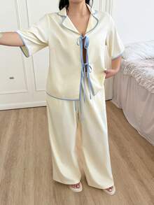 Comfortcana 两件套加大码休闲撞色领结衬衫和裤子套装 - 彩色 - 查看 7