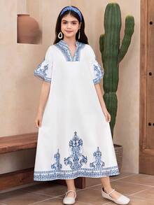 Tween Girls' Casual Vacation White And Blue Floral Summer Boho Holiday V-Neck A-Line Patchwork Flare Sleeve,Long Woven Dress - Baby Blue - View 5