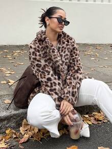 NegzBox Women's Vintage "Mob Wife" Style Leopard Print Faux Fur Coat, Autumn/Winter - Coffee Brown - View 6