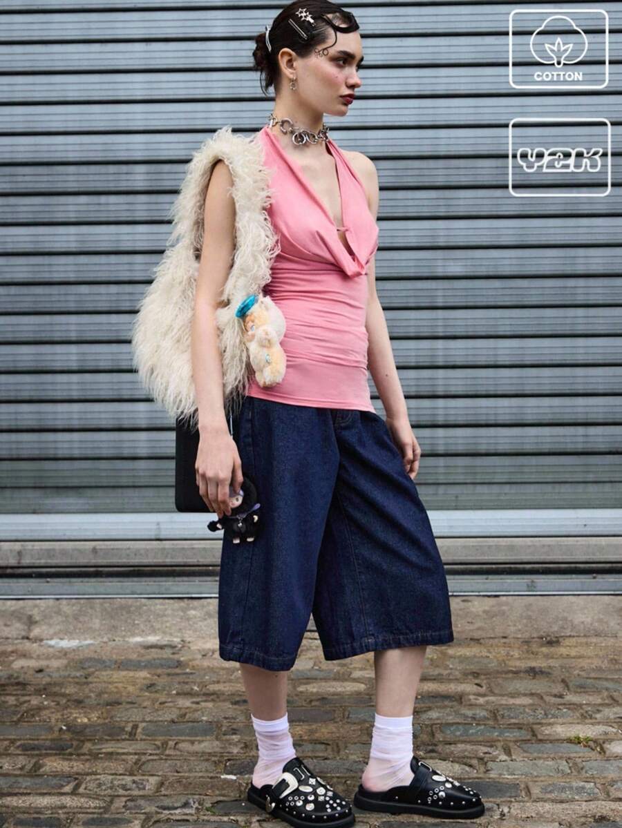 COUREZ 深蓝色水洗低腰做旧牛仔短裤 / 女士夏季穿搭 夏季短裤 Y3K 街头风 可爱度假 Y2K 复古棉质 - 深色水洗藍 - 查看 1