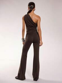 Normani Ensemble élégant de Top asymétrique et pantalon de couleur unie pour le travail - Marron - Voir 2