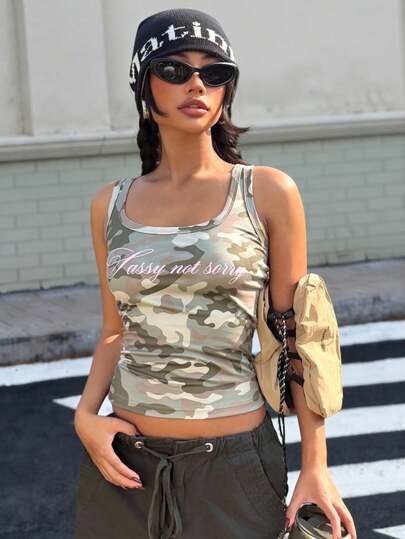 Muchica Women's Camouflage Square Neck Letter Print Casual Slim Fit Tank Top For Going Out Outfits, Streetwear, Camo Tank Top