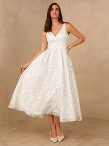 Enchnt High-End Evening Gown Collection, Women's V-Neck Jacquard Elegant Waist-Cinching Midi White Dress With Bust Pads, Suitable For Dates And Parties, Elegant Women's Dress, Wedding Guest Dress, Bridesmaid Dress. - White - View 5