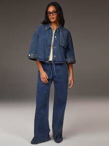 Athîral Women's Single Breasted Shoulder Down Casual Loose Blue Denim Jacket, Handsome Street Denim Jacket, Loose Cape Style Jacket, Go Out Outfit, Versatile Item, Spring/Summer Outfit, Spring Break Outfit, - Blue - View 3