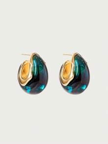 Glisma 18K Gold-Plated Amber Color Vintage Water Drop Hoop Earrings, Y2K/For Mom/Women/Girl, Suitable For Fall/Autumn/Winter, Festival, Holiday, Vacation, Old Money, Halloween,Party,Night Club,Shopping,Vintage,PREMIUM,Zirconia,Rhinstone,Valentine's Day,Gift - Green - View 4