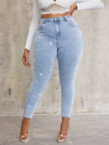 Slaydiva Pantalones pitillo de mezclilla azul con decoración de perlas, talla grande - Azul - Ver 6