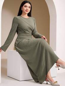 Veilorie Women's Solid Color Long Sleeve Waist Cinched Arabic Style Dress - Green - View 6