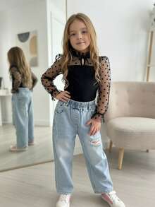 SHEIN Young Girls Elegant Black Ruffle Trim Collar Splice Sheer Beaded Long Sleeve Black Blouse, Valentine's Day Matching Mother-Daughter Polka Dot Blouse Black And White Blouse Bow Neck Blouse Sheer Sleeve Top High Neck Polka Dot Top - Black - View 4