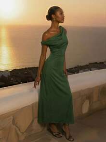 CAJUNI Sukienka damska w jednolitym kolorze z marszczeniami i asymetrycznymi ramionami, styl wakacyjny - Wojskowa Zieleń - Zobacz 3