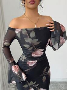 Modelyn 女士露肩荷叶边长袖修身浪漫弹力网纱印花优雅中长连衣裙 - 彩色 - 查看 6