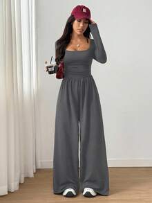 SHEIN Unity Bộ áo liền quần nữ dáng rộng, cổ vuông, màu trơn, kiểu dáng thường ngày. - Màu xám đen - Xem 4